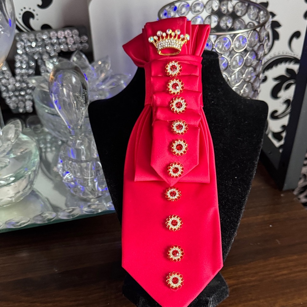 Red Satin Jeweled Brooch Tie Accent